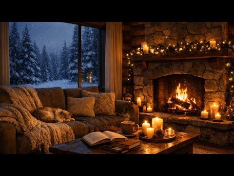 Winter Snow Jazz Cabin Ambience ❄️🔥 Fireplace Warmth with Cat | Relaxing, Stress Relief, Deep Sleep