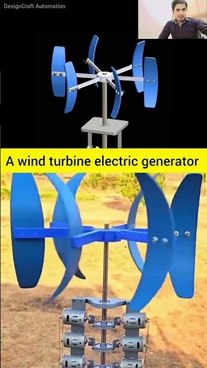 image displays a small-scale vertical-axis wind turbine connected to multiple electric generators