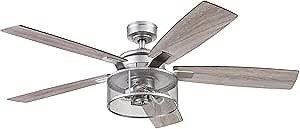 Honeywell Ceiling Fans Carnegie, 52 Inch Industrial Style Indoor LED Ceiling Fan with Light, Remote Control, Dual Mounting Options, 5 Dual Finish Blades, Reversible Airflow - 51460-01 (Silver)
