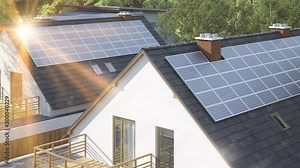 solar panels on the roof of a modern suburban home house 3D Animation