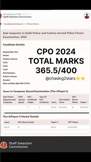 SSC CPO 2024 FINAL MARKS 365.5/400