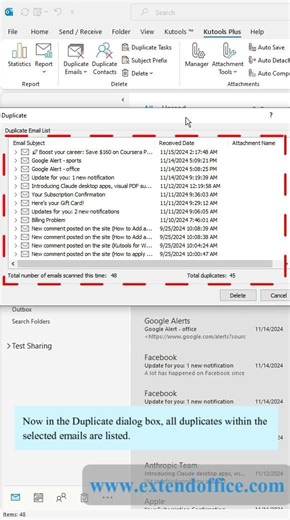 Delete duplicate emails within selected emails in Outlook