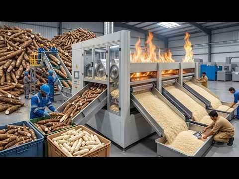 Inside a Cassava Rice Manufacturing Factory | From Fresh Cassava Roots to Rice (Full Process)
