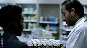 Pharmacist dispensing medication at a pharmacy counter, discussing proper use with a customer.