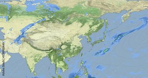 Meteorological map displays precipitation and atmospheric pressure across the Asia. The precipitation data is depicted using color gradients. Atmospheric pressure is represented by contour lines.