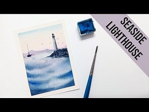 HOW TO PAINT a sea lighthouse » Easy watercolor lighthouse by the ocean painting tutorial BEGINNER