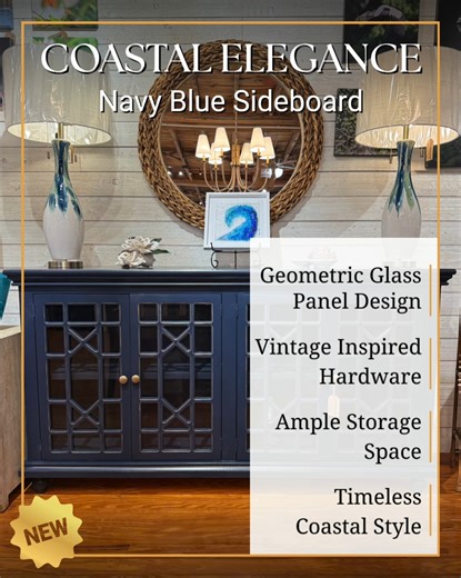 Old Charleston Trading Company | Locally Owned Furniture Store on Instagram: "𝗖𝗹𝗮𝘀𝘀𝗶𝗰 𝗖𝗼𝗮𝘀𝘁𝗮𝗹 𝗖𝗵𝗮𝗿𝗺, There's something magical about a space that blends timeless design with a touch of seaside charm. Our new navy blue sideboard (72"W x 18"D x 36"H) is your go-to for storage with modern functionality. It's perfect for beachy homes and beyond! Just add: 🔹 Statement lamps with that gorgeous blue ombré swirl 🔹 A woven seagrass mirror adding warmth & dimension 🔹 Your favorite co