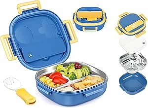 Tiny Mini Small Bento Box or Snack Box with Removable Stainless Steel 3-Compartment & Cutlery For Baby 0-24 Months –LeakProof,Dishwasher Safe & BPA-Free,Daycare,Preschool,Travel(Blue,Not Insulated)
