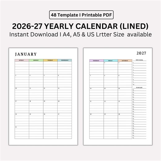 2026-2027 Monthly Calendar Printable: Lined Planner (A4, A5, US Letter PDF) - Etsy Canada