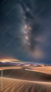 A stunning nighttime desert landscape features rolling sand dunes under a vibrant, starry sky. The clear night sky showcases the Milky Way. It creates a tranquil and breathtaking scene.