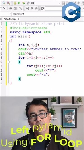 Left pyramid shape printing using for loop in C++ Programming #shorts