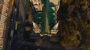 drone aerial view over dome, crosses and spires of Church of St. Olga and Elizabeth old Catholic Cathedral in historical center Lviv city, Ukraine. landmarks and architecture of ancient european town