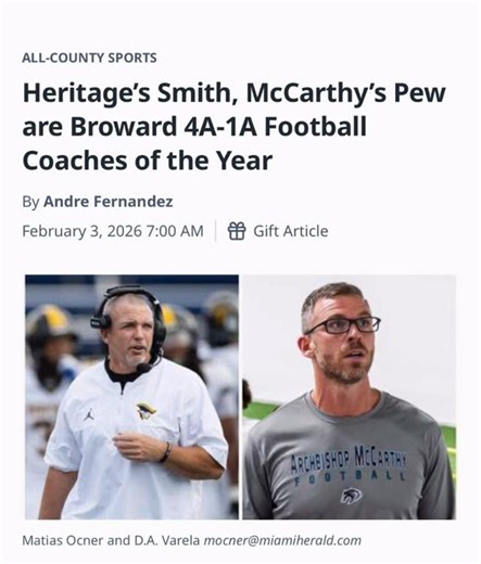 Section 104 on Instagram: "Congratulations to American Heritage’s @ahspatriotfootball Mike Smith @d2dperformance & Archbishop McCarthy’s Jake Pew @coach.pew for being named Co-Coaches of the Year. Pew led the Mavericks to a 10-3 record, & Regional final appearance against co Coach of the Year winner Mike Smith & the American Heritage Patriots. Smith & the Patriots had a 9-5 record losing two QB’s, finding another on their way to a back to back State Championship run that was written off mid seas