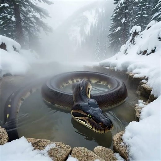 Giant Python Enjoying a Hot Spring in the Snow