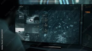 Spy technology is tracking location of enemy army base. Spy tracking technology is examining area of military operation. Modern spy technology has tracked location of enemy air base. Interface