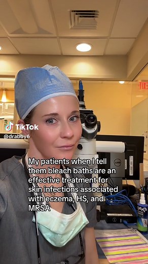 Bleach baths get rid of skin infections that occur in moderate to severe eczema, hidradenitis suppurativa, and recurent MRSA. Use a half cup of regular strength 6% bleach for a full bathtub of lukewarm water, a quarter cup of bleach for a half-full tub of water, and 1 teaspoon of bleach per gallon of water for a baby or toddler bathtub. Can be done 1-3 times per week. #eczema #skincaretips #hidradenitissuppurativa #hs #mrsa #bleach #bleachbath #skintok #dermtok #dermatology