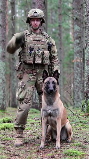 A soldier giving a hand signal as the Malinois crouches low, ready to advance on command