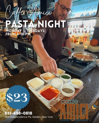 🍝 TONIGHT is PASTA NIGHT at CAFFÈ AMICI 🍝 Mondays & Tuesdays for just $23 🍷 Choice of Beverage: Soda • Coffee • Tea • Tap Beer • Wine 🥗 Soup or Salad 🍝 A Full-Sized Pasta Dish 🍰 Dessert 🕓 Dine-In Only | 4–10 P Come hungry and enjoy a classic Italian night at Caffè Amici! | Caffe Amici