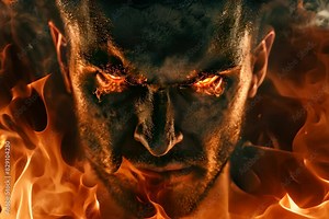 Anger Face, Furious Fire Eyes, Angry Man with Smoke from the Nostrils, Fire in Eyes, Evil Grimace, Generative AI Illustration