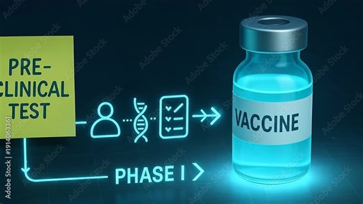 Preclinical test phase one vaccine development medical research clinical trial with glowing vial and medical icons illustrating early stage clinical trial process and pharmaceutical innovation