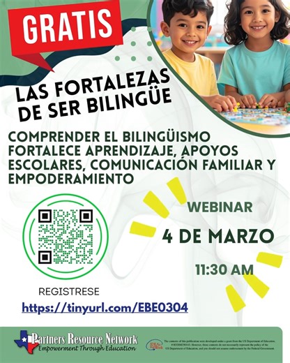 GRATIS Y EN ESPAÑOL 🌟 ¡Descubre las Fortalezas del Bilingüismo! 🌟 ¿Sabías que entender cómo tu hijo o hija desarrolla dos idiomas puede transformar su experiencia escolar? Acompáñanos en este taller de Baylor University con la Dra. Ochoa y la Dra. Jones, diseñado especialmente para familias y educadores. Aprenderás: ✨ Cómo los niños desarrollan naturalmente dos idiomas ✨ Por qué ser bilingüe es una gran fortaleza ✨ Qué apoyos académicos y socioemocionales existen ✨ Derechos educativos y el pap