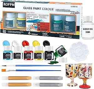 Stained Glass Paint for Painting, Wine Glasses, Light Bulbs and Ceramic Stain Glass Paint Kit With Glossy Oil (6 Colors x 0.84 fl.oz)