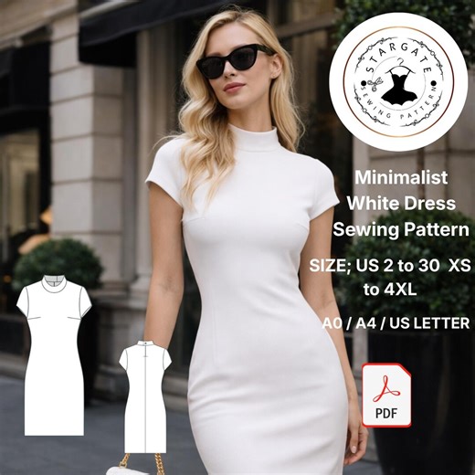 Minimalist White Dress Sewing Pattern, Bodycon Dress PDF, Elegant High Neck Mini Dress, Women’s Fitted Dress Pattern, Instant Download - Etsy