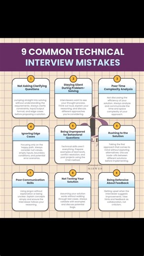 Coding Trainer | C | C++ | Python | Java on Instagram: "🚨 Technical interview coming up? Read this first 👇 Even strong candidates get tripped up—not because they can’t code, but because of how they approach the interview. These are the 9 mistakes interviewers see again and again 👀 Small mindset shifts = big interview wins. Save this, share it with a friend who’s interviewing, and tell us👇 Which one do you need to work on the most? #TechInterviews #CodingInterview #SoftwareEngineering #Career