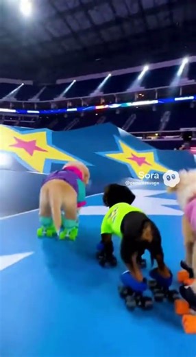 Roller skating puppies through an arena set up just for them
