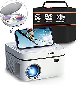 5G WiFi Projector Built in DVD Player with Bluetooth - OSQ Mini Portable DVD Projector 1080P Support, Outdoor Movie Projector with Carry Bag, Compatible with TV/HDMI/USB/iOS/Android
