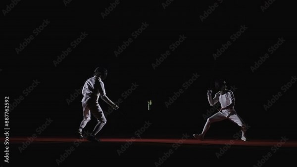Fencers Rivals Practicing And Fighting In Fencing Track, Slow Motion Full-Length Shot