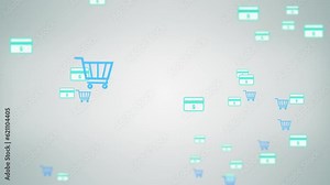 Shopping lifestyle background concept with carts and credit card symbols animated as flying particles