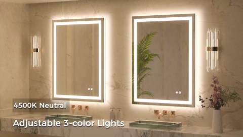 Keonjinn Beveled Lighted Bathroom Mirror 22 x 30 Inch, Frontlit & Backlit LED Bathroom Mirror with Lights 3 Color Lights, Anti-Fog Vanity Mirror with Tempered Glass, UL-Listed LED Driver, CRI90+
