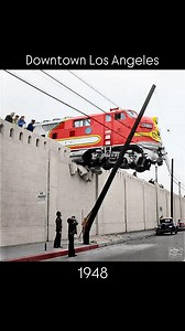 I found these amazing photos on @martinturnbullauthor website of a Santa Fe Super Chief that crashed into a wall in downtown Los Angeles in 1948. In the second photo you can see @philippetheog in the background to the left 😋 According to Martin’s website, the Super Chief had become uncoupled from its El Capitan passenger train from Chicago on the morning of January 25, 1948. The brakes failed and it moved forward until it hit and went over the 20 foot wall along Aliso Street. Apparently no one