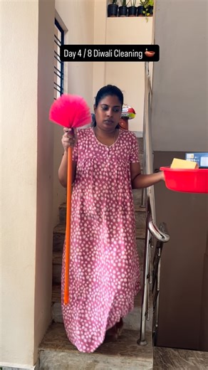 Shravanya_Bandi on Instagram: "Day 4 by 8 Diwali Cleaning 🪔 Today I cleaned the entire staircase area from the ground floor to the first and second floors, including the veranda and all the corners. I removed all the spider webs, cleaned the grills, steps, plants, windows, and doors. I also cleaned the outside washing machine area and the utility space. Every corner looks fresh and neat now! Cleaning outdoor areas during Diwali deep cleaning makes the whole house feel brighter and more positive