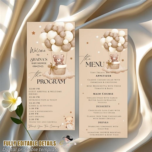 Editable Baby Shower Menu and Program Template Gender Neutral Bear Party Menu, Printable Itinerary Card, Brown Baby Shower Order of Events - Etsy