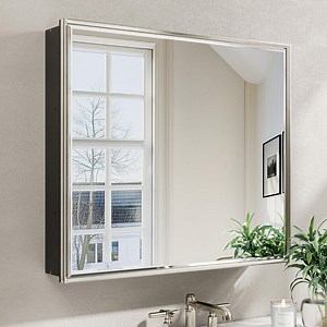 QueenFun Musey 30 in W x 26 in H Brush Nickel Rectangular Aluminum Medicine Cabinet with Beveled Mirror, Recessed or Surface MCBB3026BN