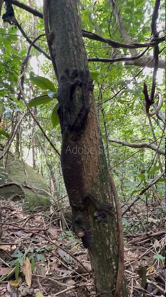 An exceptionally well-camouflaged Giant leaf-tail gecko (Uroplatus giganteus) on a tree branch. Madagascar.