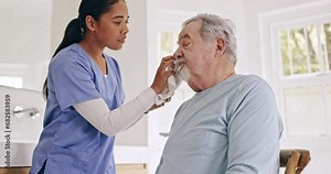 Sick, cleaning or caregiver helping an old man in nursing home, retirement clinic for wellness or support. Face towel, health or elderly patient with nurse or social worker for senior care service