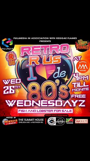 Come for the food, stay for the music .. @reggae flames 🔥 selling their famous fish and lobster 80s music DJ Squeeze DJ WondaMike Diskjock Paul Mark Swaby Sani Ledge DJ Jordan Kim Weller Jackie Hamilton Nigel Warmington Lenworth Samuels Jimmy Ho-On Michelle Atkinson Williams Denise Seale Michelle Distant Karen Weller Karen Hill @highlight 6 pm till at Summit House | Fete Dayz