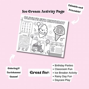 Ice Cream Party Activity Placemat: Kids Birthday Printable (digital Download, 8.5x11" PDF Format) - Etsy UK