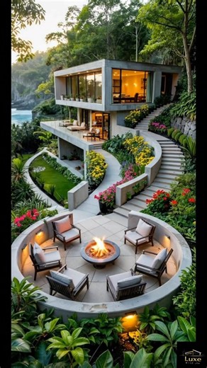 Luxe Build Lab on Instagram: "Luxury Hill House Design You’ve Never Seen 😲 . . This modern concrete house is designed perfectly for a steep hillside slope 🌊 Featuring multi-level glass-fronted spaces, curved concrete walkways, a fire pit patio, and open sea views, this design turns a dramatic slope into a fully usable luxury home. Perfect inspiration for: • Steep slope house design • Modern concrete homes • Hillside architecture ideas • Luxury outdoor terraces ✨ Save this idea if you love uniq