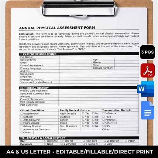 Annual Physical Assessment Form Template, Printable Health Assessment Template, Editable Nursing Assessment Checklist, PDF Word Google Docs - Etsy