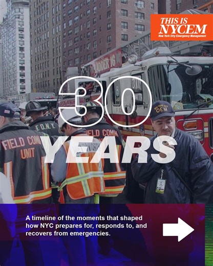 30 years ago today, New York City created an agency with one job: be ready for whatever comes next. Since then, NYCEM has been through hurricanes and nor'easters, blackouts and flooding, extreme heat and a global pandemic. Before the storm hits, while the emergency is unfolding, and long after the cameras leave. Our work is built on partnerships across  government, community organizations, and the New Yorkers who check on a neighbor, sign up for Notify NYC, or take a few minutes to make a plan w