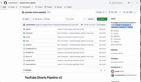 给 Claude 一个话题，几分钟后 YouTube 短视频自动发布。全流程无需人工干预：实时查资料 → 生成脚本 → AI 画面 → 配音 → 逐词字幕 → 背景音乐 → 封面图 → 上传 YouTube一行命令：python -m pipeline run --discover --auto-pick还能自己从 Reddit / Google Trends / TikTok 挖热门话题。78 个测试，断点续跑，全链路重试机制。这才叫认真做的副业项目。项目地址👇