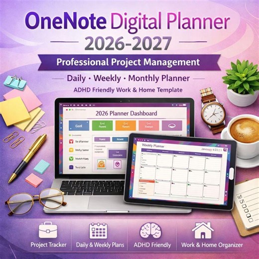 Agenda numérique OneNote 2026-2027 | Gestion de projet professionnelle, agenda hebdomadaire et mensuel, modèle adapté au TDAH pour le travail et la maison - Etsy France