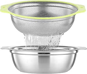 Colander Stainless Steel Microporous, 4QT Large Capacity Rice Strainer with Mixing Bowl, Rice Washing Bowl Set with Handle, Food-Grade Strainers and Colanders for Kitchen, Dishwasher Safe