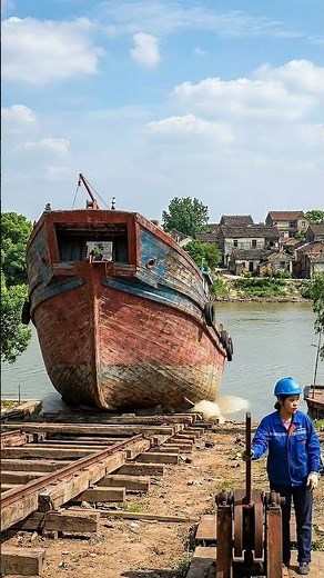 Old Cargo Boat Launching Into River | Satisfying Ship Launch Moment