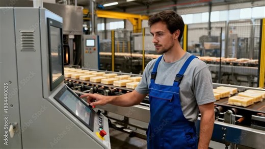 Worker managing an inline tempering unit control panel precisely calibrating temperature profiles via touchscreen as products move through the production line.