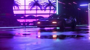 Coche y ciudad al estilo neon cyberpunk. Animación 3d del fondo de la retroonda de los años 80. Auto retro futurista conduciendo a través de la ciudad neón.